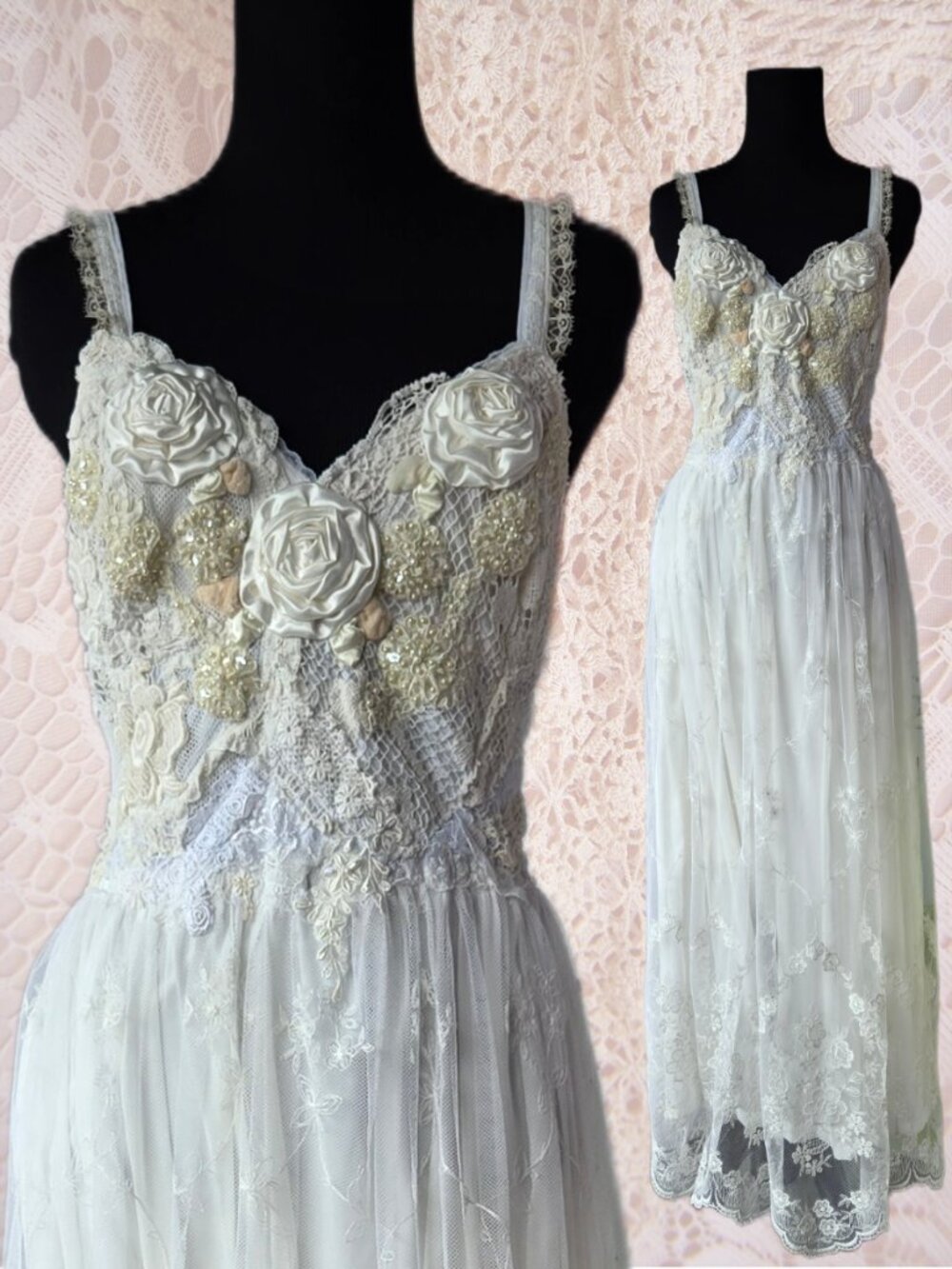 Handmade Ethereal Rose and Lace Maxi Babydoll Bodice Slip Dress Vintage Romance